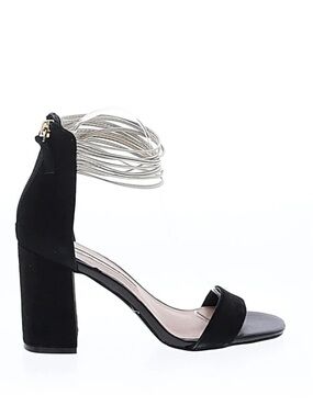 Audrey Brooke Black Block Heel Sandals with Silver Wrap Ankle Straps